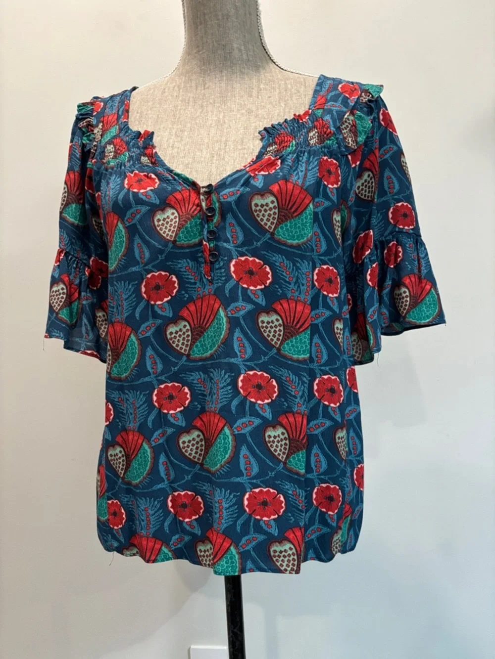 Anthro Maeve Letitia Smocked Floral Blouse Blue Ruffle Top Size Small - Picture 3 of 15